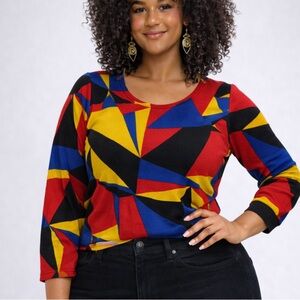 Crewneck graphic colorblock knit top ruched sides geometric art to wear Sz L